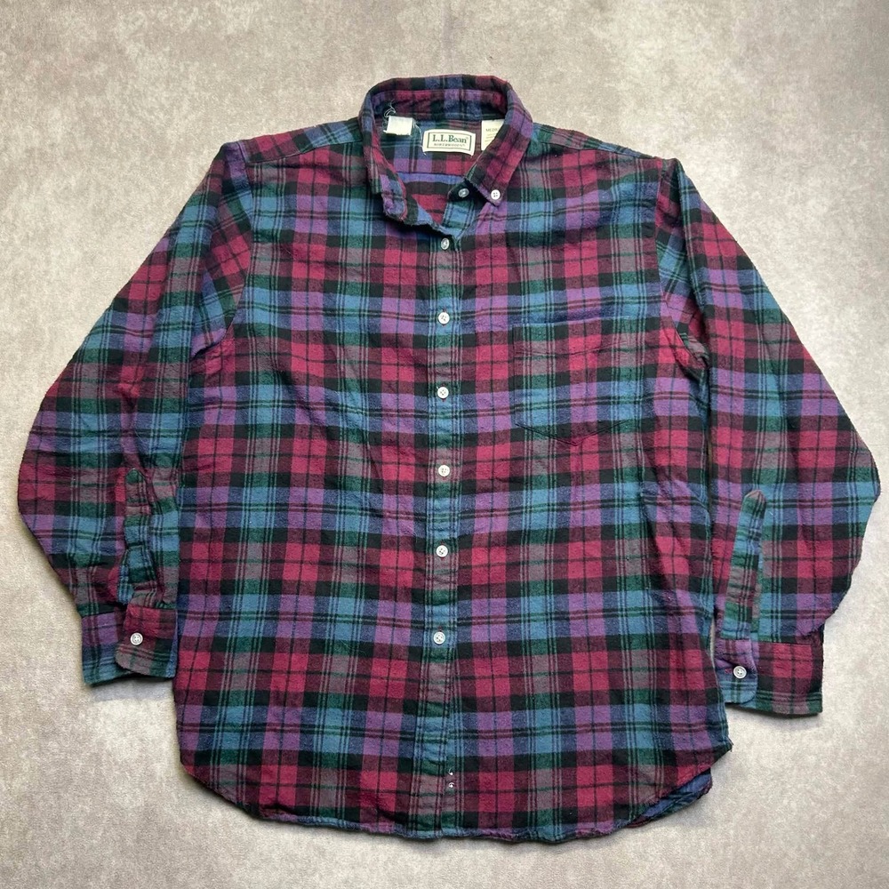 LL Bean Northwoods Flannel Shirt Womens Medium Plaid Burgundy Teal Cotton